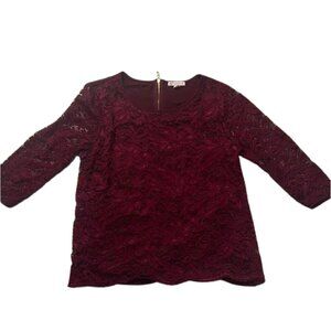 DB Established 1962 Womens Blouse Burgundy Floral Lace Long Sleeve Back Zip Sz L